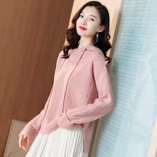 喜羊羊宽松开叉前短后长加厚100%山羊绒抽绳连帽卫衣外套女装毛衣