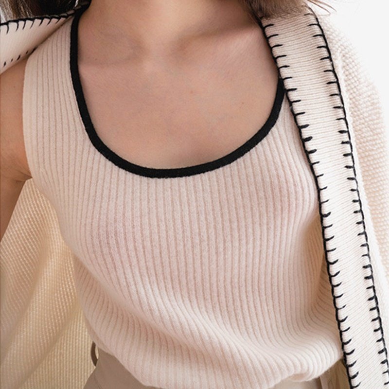 喜羊羊冬季纯羊绒女装穿搭打底拼色u型领背心修身显瘦弹力针织衫