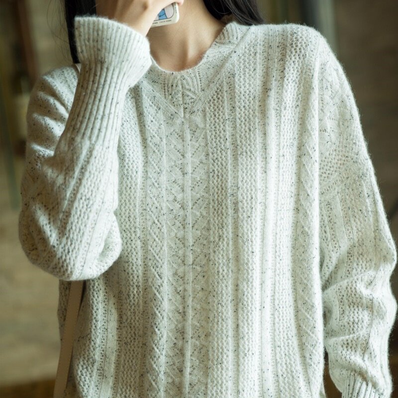 喜羊羊女100%山羊绒宽松v领长袖针织衫上衣宫廷镂空漏洞性感秋冬