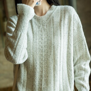 喜羊羊女100%山羊绒宽松V领长袖针织衫上衣宫廷镂空漏洞性感秋冬
