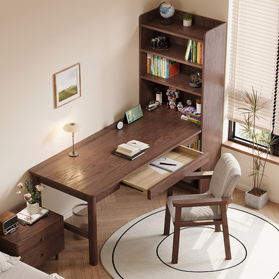 实木书桌书柜一体现代简约白蜡木皮办公桌家用书房转角台式电脑桌