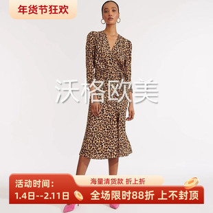 沃格美国VB牌早春新款经典豹纹印花性感褶皱侧开衩围裹真丝连衣裙