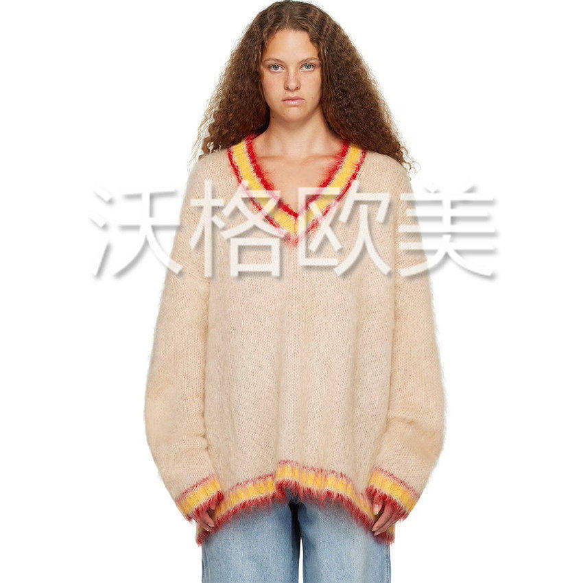 沃格 MN秋冬新款活力拼色V领落肩宽松款羊毛马海毛混纺套头针织衫