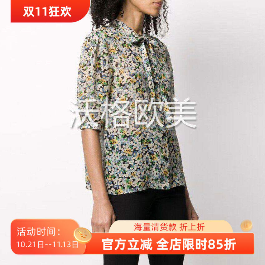 沃格 法国小奢C牌春夏新款清新碎花印花蝴蝶结女轻薄乔其真丝衬衫