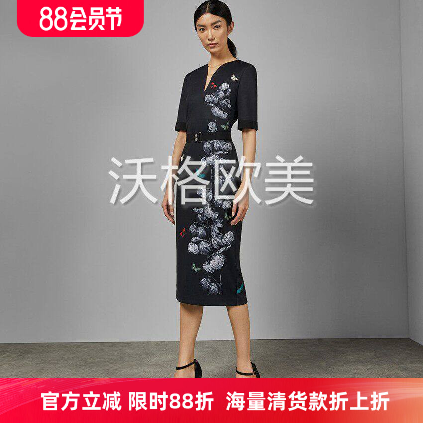沃格英国TB牌早春新款黑白枝叶蝴蝶印花显瘦优雅修身旗袍式连衣裙