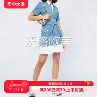 法國(guó)S牌春夏新款 沃格 洗水純棉重工提花牛仔拼百褶系帶休閑連衣裙