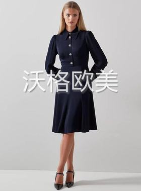 沃格LKB秋季新款气质尖领华丽水钻扣后背拉链优雅A字人丝绉连衣裙