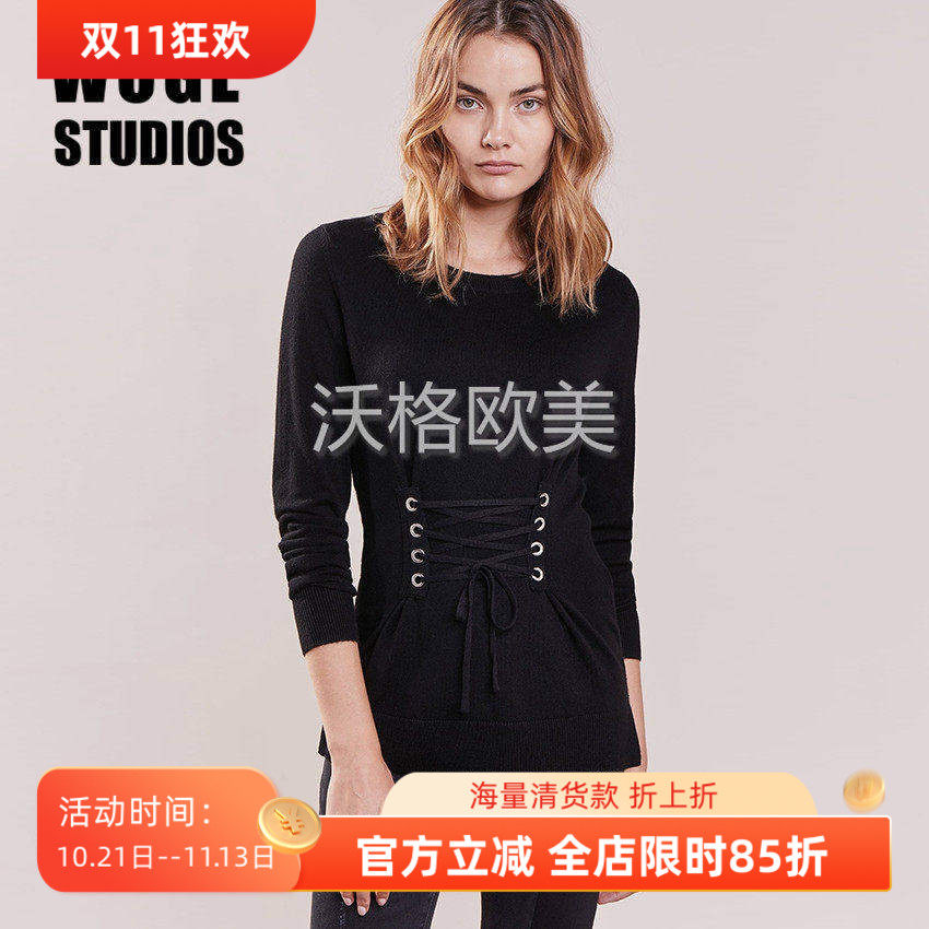 沃格 法国S牌新款个性绑带收腰显瘦设计优雅百搭女羊毛混纺针织衫