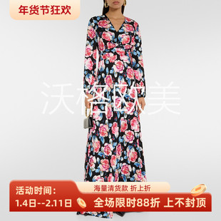 沃格 D春季新品浪漫柔美粉蓝玫瑰花朵印花飘逸长款人丝礼服连衣裙