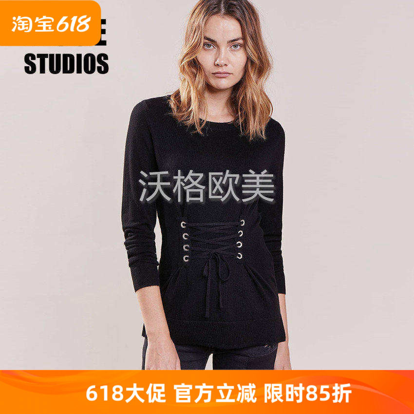 沃格 法国S牌新款个性绑带收腰显瘦设计优雅百搭女羊毛混纺针织衫