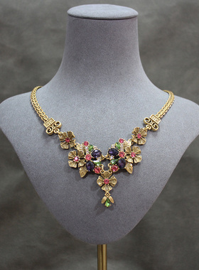 欧洲古董珠宝Hollycraft花与爱丽丝1955年中古套装复刻莱茵石项链