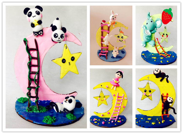 立体月亮场景木质 幼儿园手工创作diy 雪花泥珍珠泥木质白胚配件