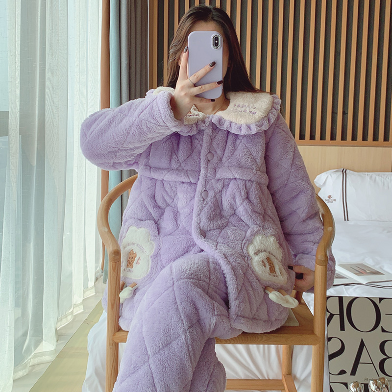 三层夹棉月子服冬季产后珊瑚绒加厚加绒孕妇睡衣秋冬款可调节哺乳