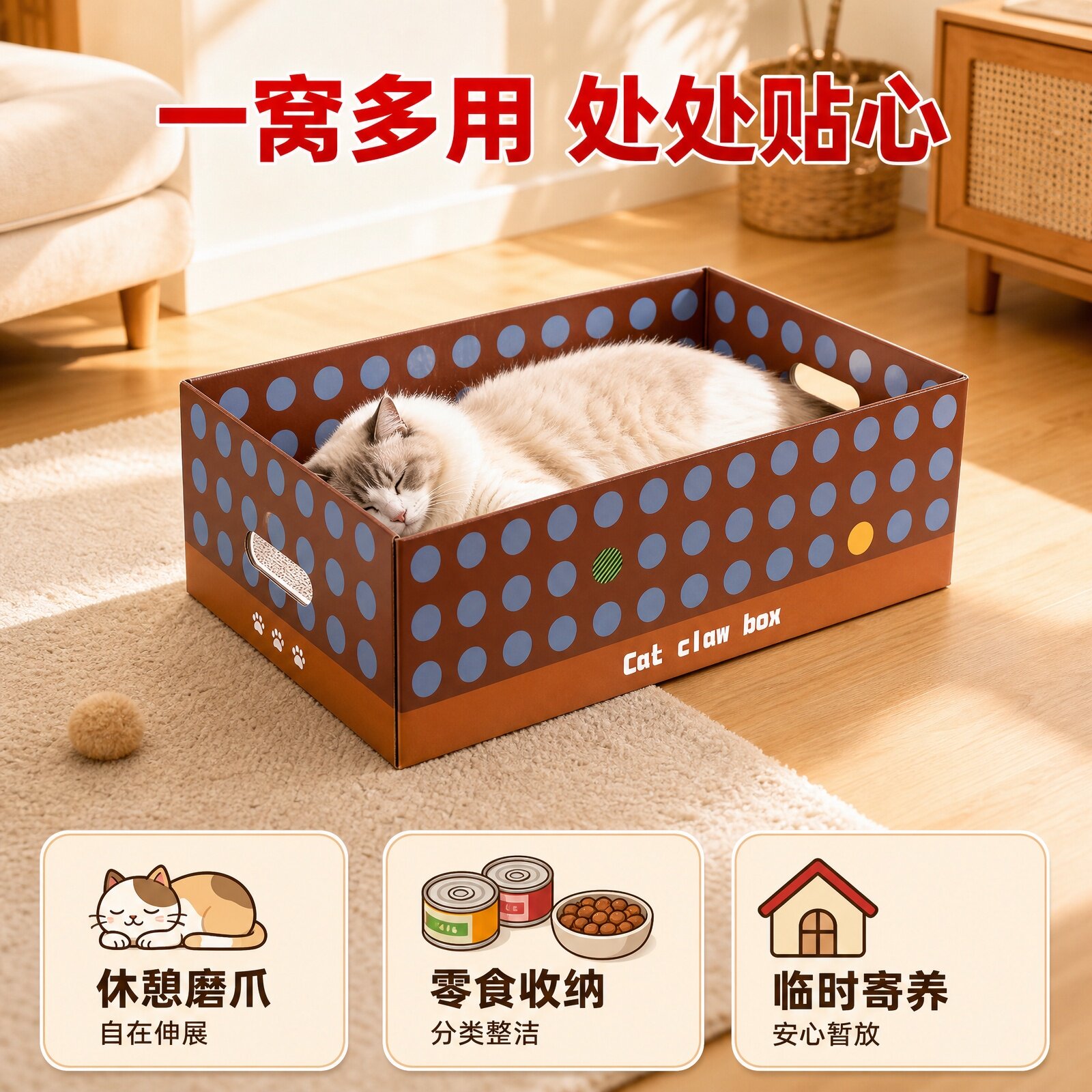 猫抓板可爱波点双层设计猫咪最爱的休息和磨爪好去处白卡纸猫盒