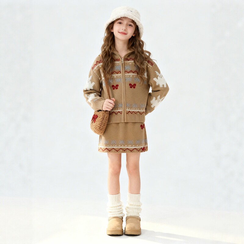 日本JGYP2026新款女童开春毛衣套装洋气印花针织半身裙两件套春秋