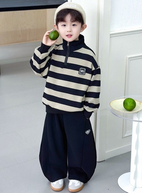 日本JGYPDM 2026新款男童加绒套装春秋洋气酷帅时尚条纹卫衣卫裤