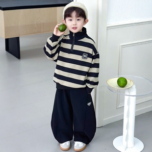 日本JGYPDM 2026新款男童加绒套装春秋洋气酷帅时尚条纹卫衣卫裤