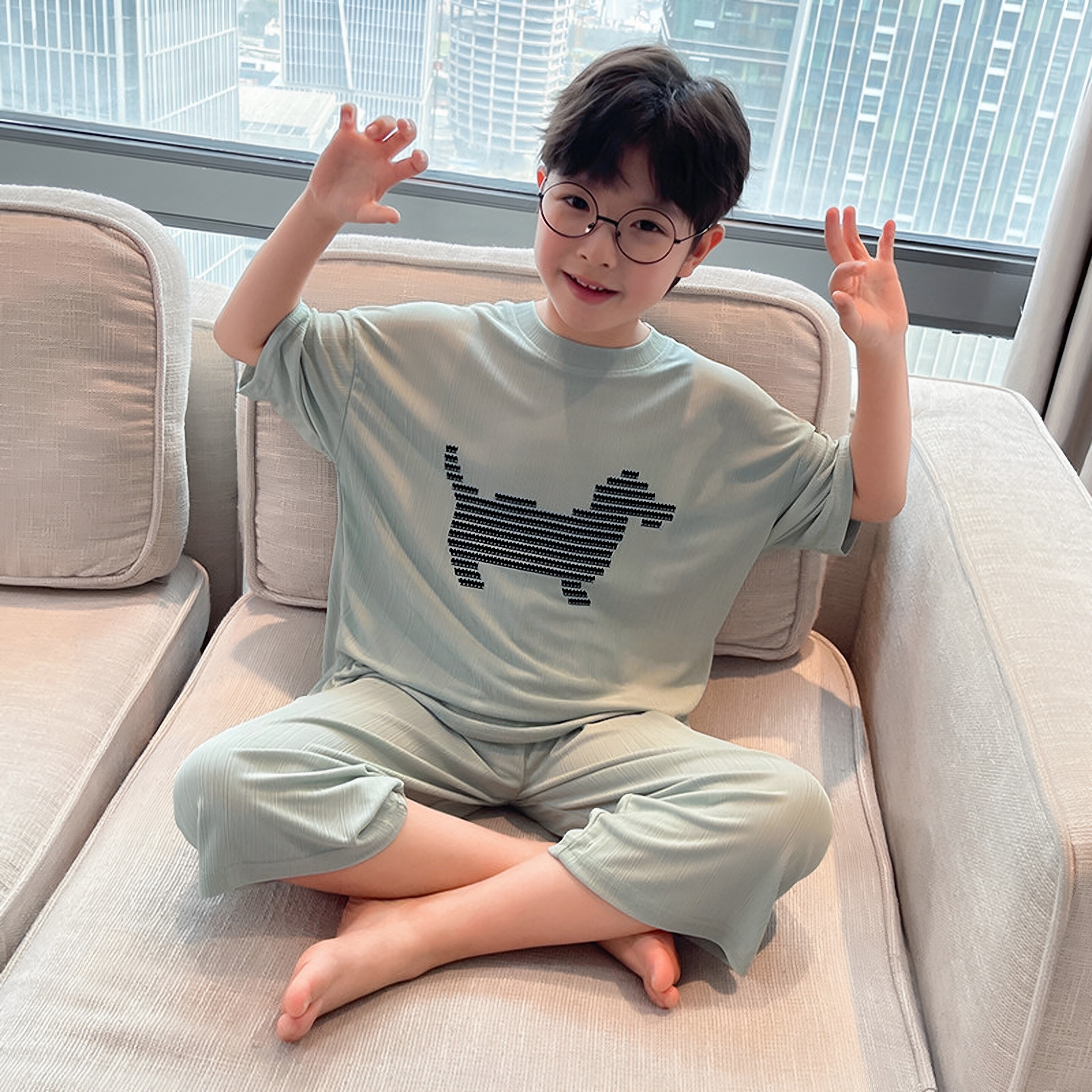 日本JGYP2026新款男童睡衣夏装中大童短袖冰丝家居服儿童薄空调衫