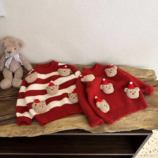 日本JGYPDM 2026新款圣诞儿童红色毛衣加厚男女童卡通小熊水貂绒