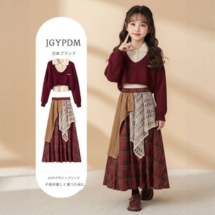 日本JGYP2026新款红色春款针织毛衣套装裙子女童洋气设计感两件套