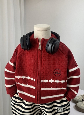 日本JGYPDM 2026新款男童毛衣红色开衫外套春秋款新年拉链针织衫