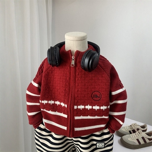 日本JGYPDM 2026新款男童毛衣红色开衫外套春秋款新年拉链针织衫