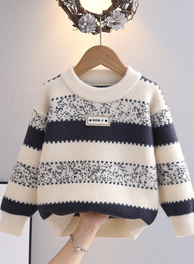 日本JGYPDM 2026新款儿童绒毛衣冬季加厚上衣百搭条纹套头打底衫