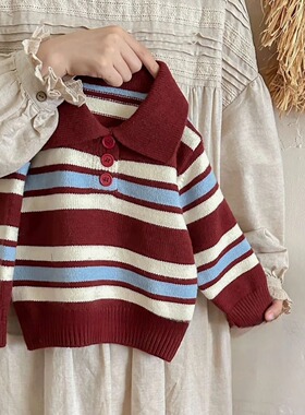 日本JGYPDM 2026新款条纹毛衣翻领POLO儿童条纹春秋针织衫男女童
