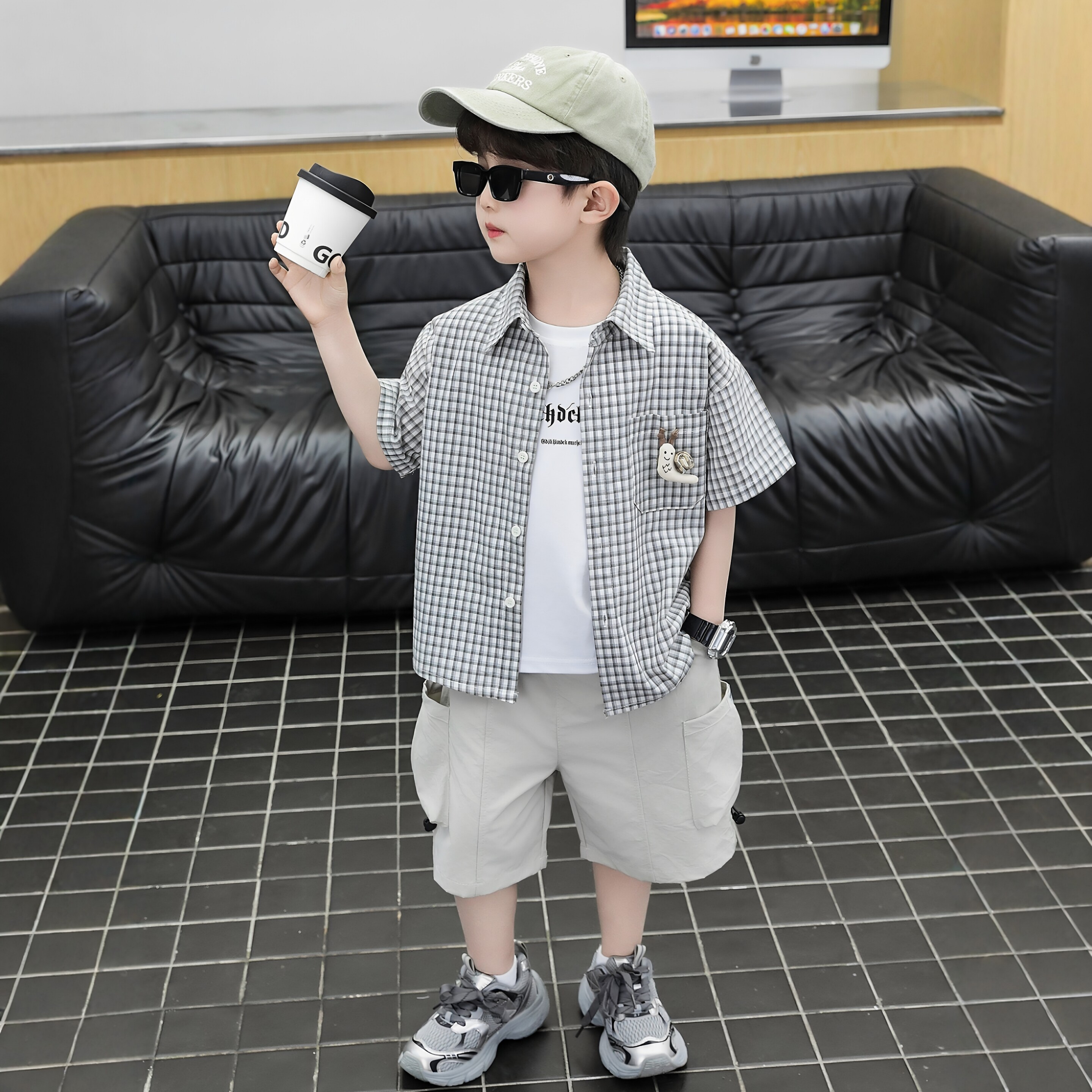日本JGYP2026新款男童短袖套装夏季酷帅中大童衬衫短裤休闲三件套