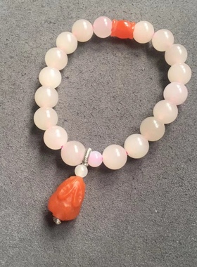 天然和田玉藕粉色圆珠南红玛瑙小兔子趴趴兔设计款手链手串佛珠
