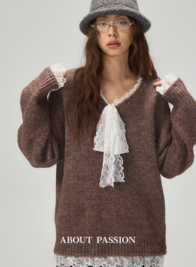 About Passion · 高级感V领蕾丝边羊毛针织衫绒毛感慵懒宽松上衣