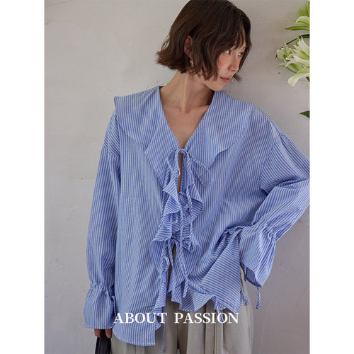 About Passion · 设计感荷叶花边绑带条纹衬衫