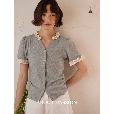About Passion撞色木耳花边拼接短袖衬衫法式小资漂亮上衣v领衬衣