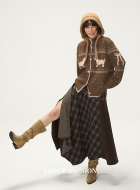 About Passion · 法式复古格子半身裙秋冬不规则开叉中长款裙子