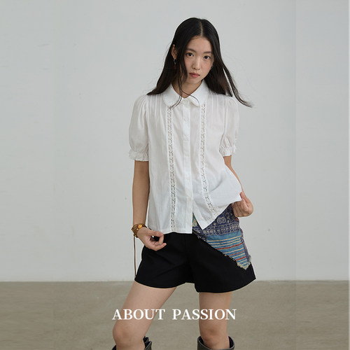 About Passion · 法式蕾丝娃娃领衬衫高级感休闲衬衣短袖上衣