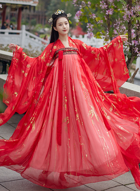 新款汉服女红色齐胸襦裙汉元素烫金大袖衫三件套日常套装六米摆