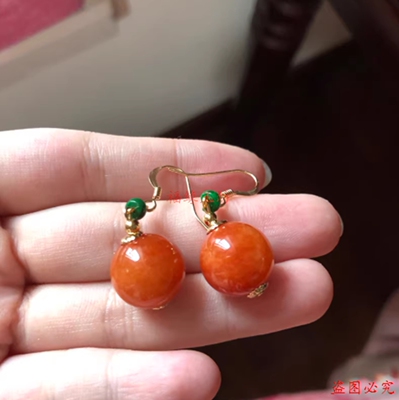 红翡珠子 耳环时尚百搭简约气质高级感耳钩耳坠925银镀金耳饰