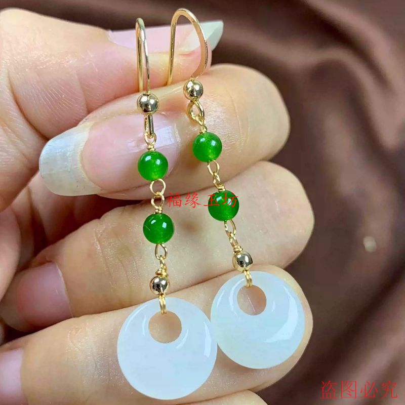 天然和田玉汉白玉平安扣耳饰长款