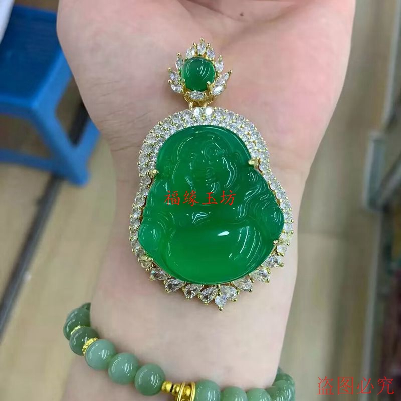 福缘玉坊新品翡翠佛公镶嵌玉佛吊坠女弥勒佛金项链女笑佛站佛冰种