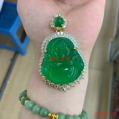 翡翠佛公镶嵌18K吊坠佛冰种