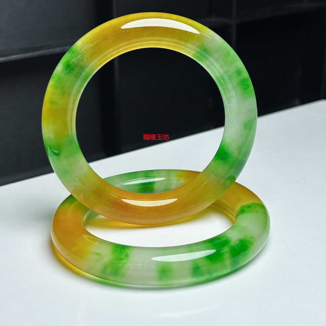 高端缅甸精品翡翠冰种黄翡飘花玉石手镯子女款正圈圆条玉镯女款
