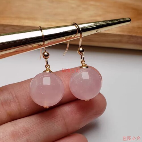 马达加斯加天然粉水晶18k金耳钩耳环耳坠配古风汉服旗袍女款耳饰