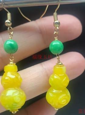 翡翠葫芦耳环黄色回纹雕刻耳坠精致气质复古925银耳钩女款