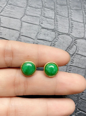 新品18k度金镶嵌冰种满色阳绿翡翠耳钉 女款翠玉钻石耳坠耳饰