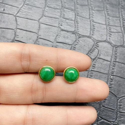 新品18k度金镶嵌冰种满色阳绿翡翠耳钉 女款翠玉钻石耳坠耳饰