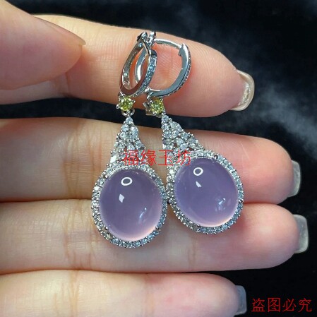 精品高冰种玉髓蛋面耳环纯银镶嵌女款气质唯美大方耳坠