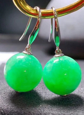 精品a级翡翠圆珠阳绿色耳坠耳钩18k金镶嵌缅甸玉石耳环耳饰女12mm