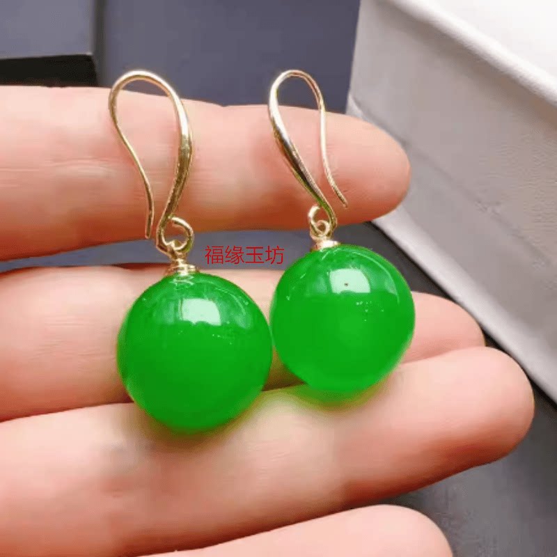 缅甸翡翠老坑冰糯种满绿辣绿女款圆珠子玉石耳环冰绿耳坠珠宝