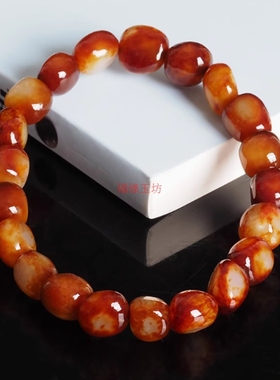 新疆和田玉籽料原石手链约8mm红皮白肉红沁手串男女款随形手饰