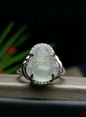 天然翡翠冰种戒指冰白佛公吊戒面